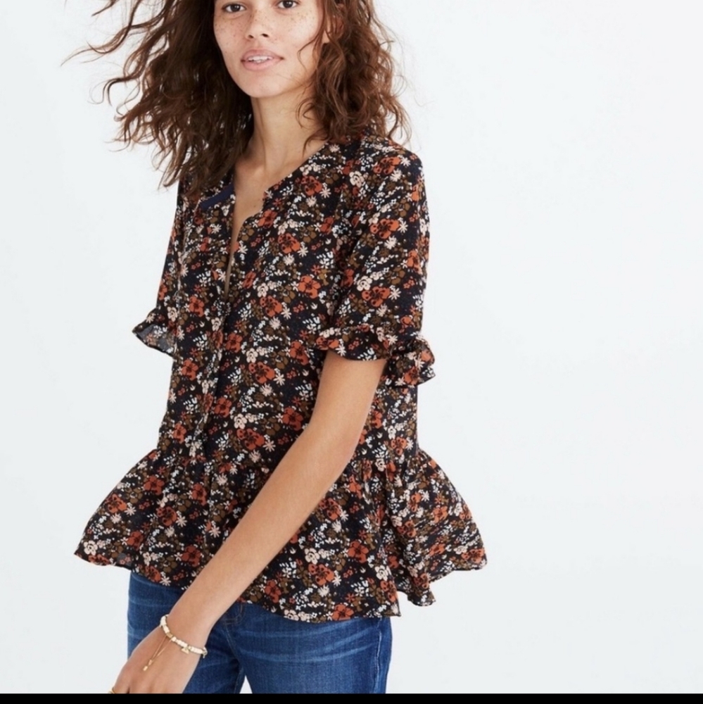 Madewell Silk Prairie Button Floral Short Sleeve Ruffle Hem Peplum Top